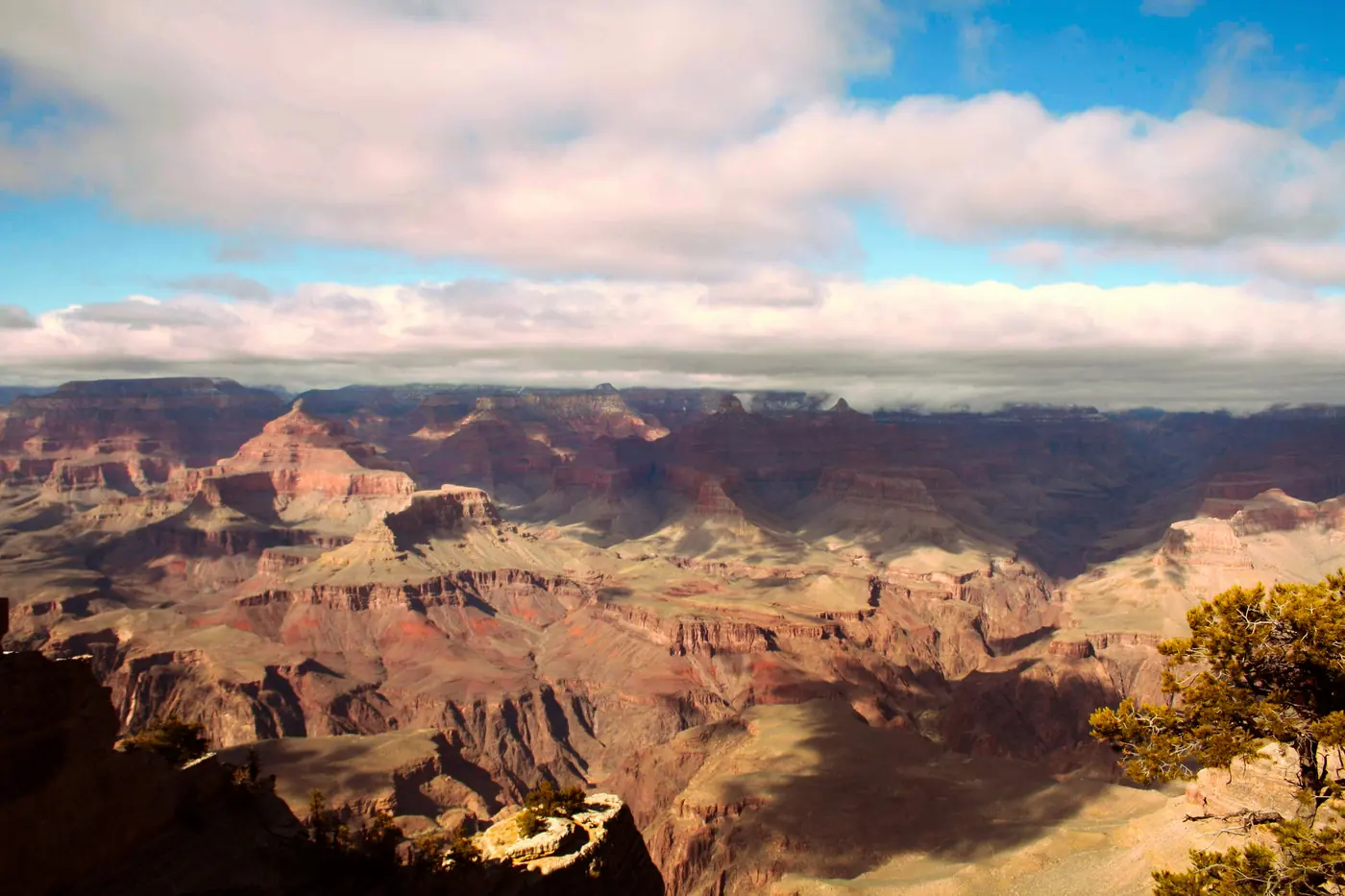 The Grand Canyon at sunrise, layered in red and gold